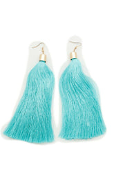 New Teal Blue Fabric Tassel Long Fringe Earrings Set